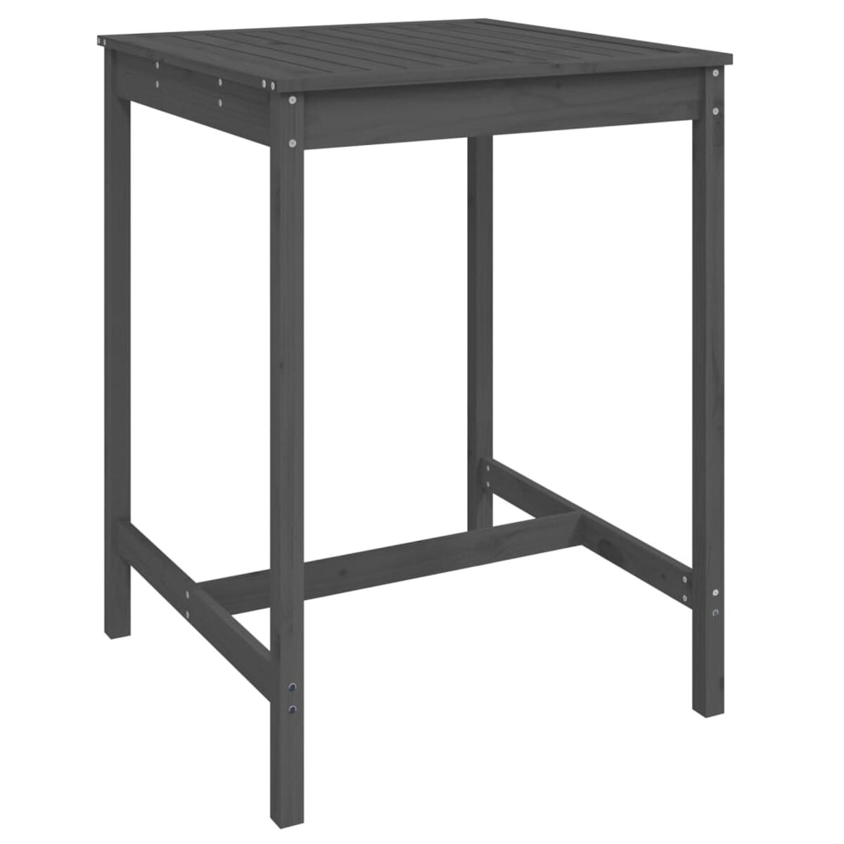 Ein dunkelgrauer quadratischer Holztisch mit vier Beinen. Es hat ein schlichtes, modernes Design.