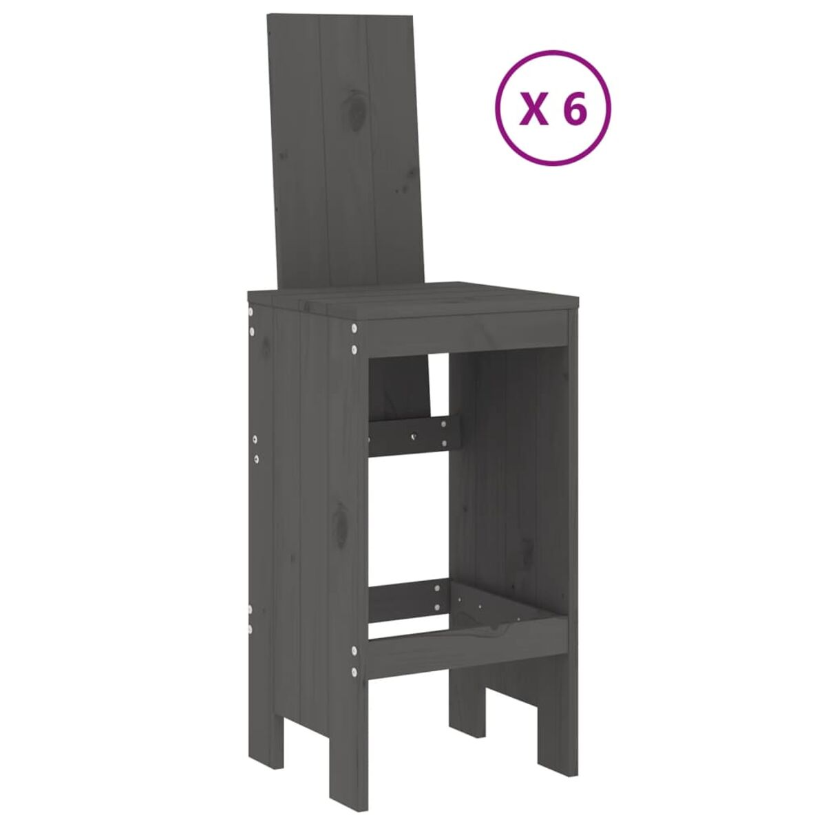 Ein grauer Holzbarhocker. Ein Etikett in der Ecke zeigt 'X 6'.