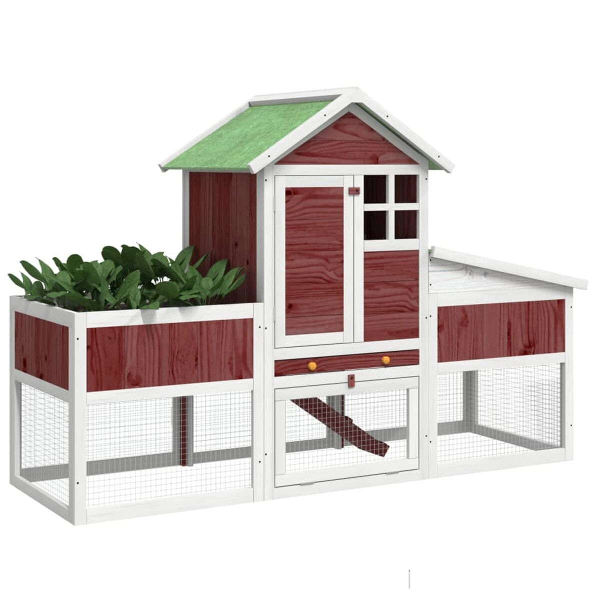 Roter und weißer Hühnerstall aus Holz mit grünem Dach und Pflanzen.