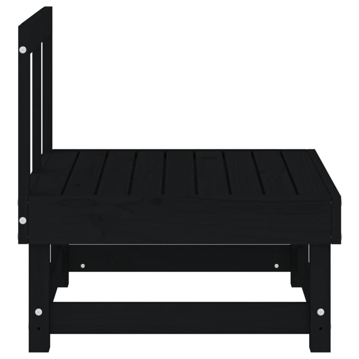 Schwarze Holzbank mit Lehne, Seitenansicht, schlichtes Design.