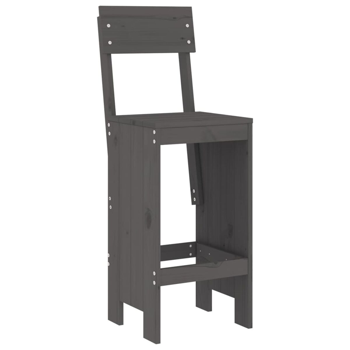 Dunkelgrauer Barhocker aus Holz. Der Hocker hat ein einfaches Design und eine Rückenlehne.