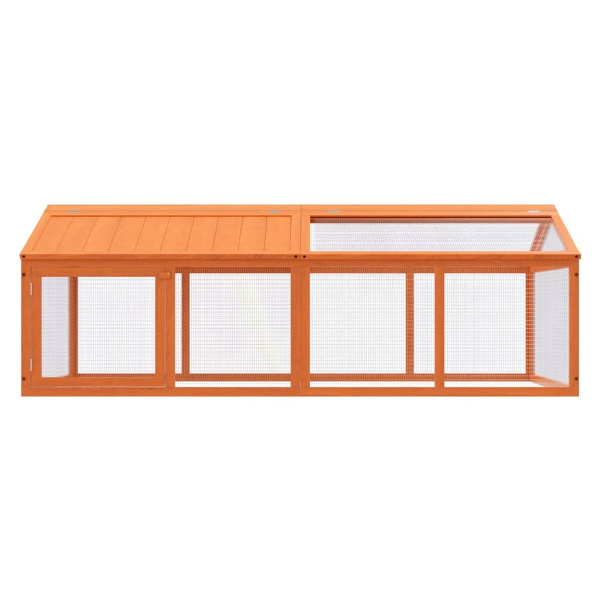 Langes Vogelhaus aus Holz mit Drahtgitter für ein Kleintier.