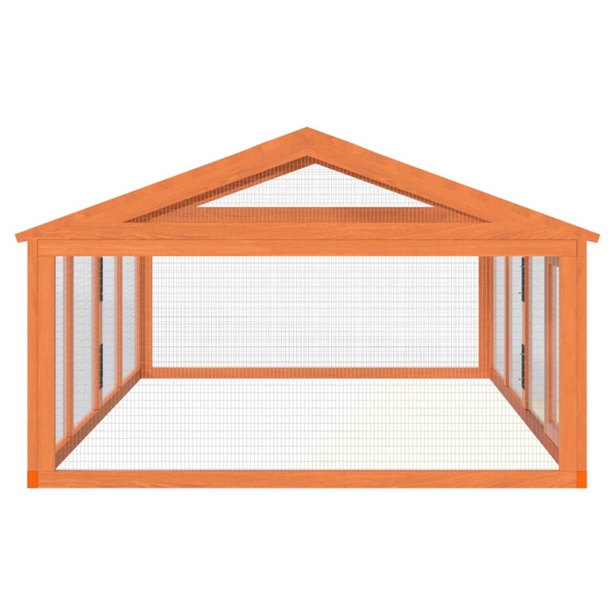 Holzschuppen mit Netzwänden und -dach. Es hat eine rechteckige Form und ist orange.