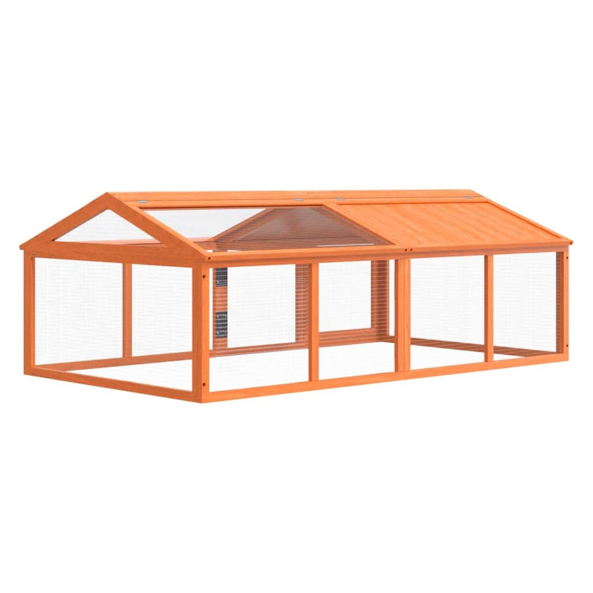Hühnerstall aus Holz mit Drahtgeflechtwänden und -dach. Orange Farbe.