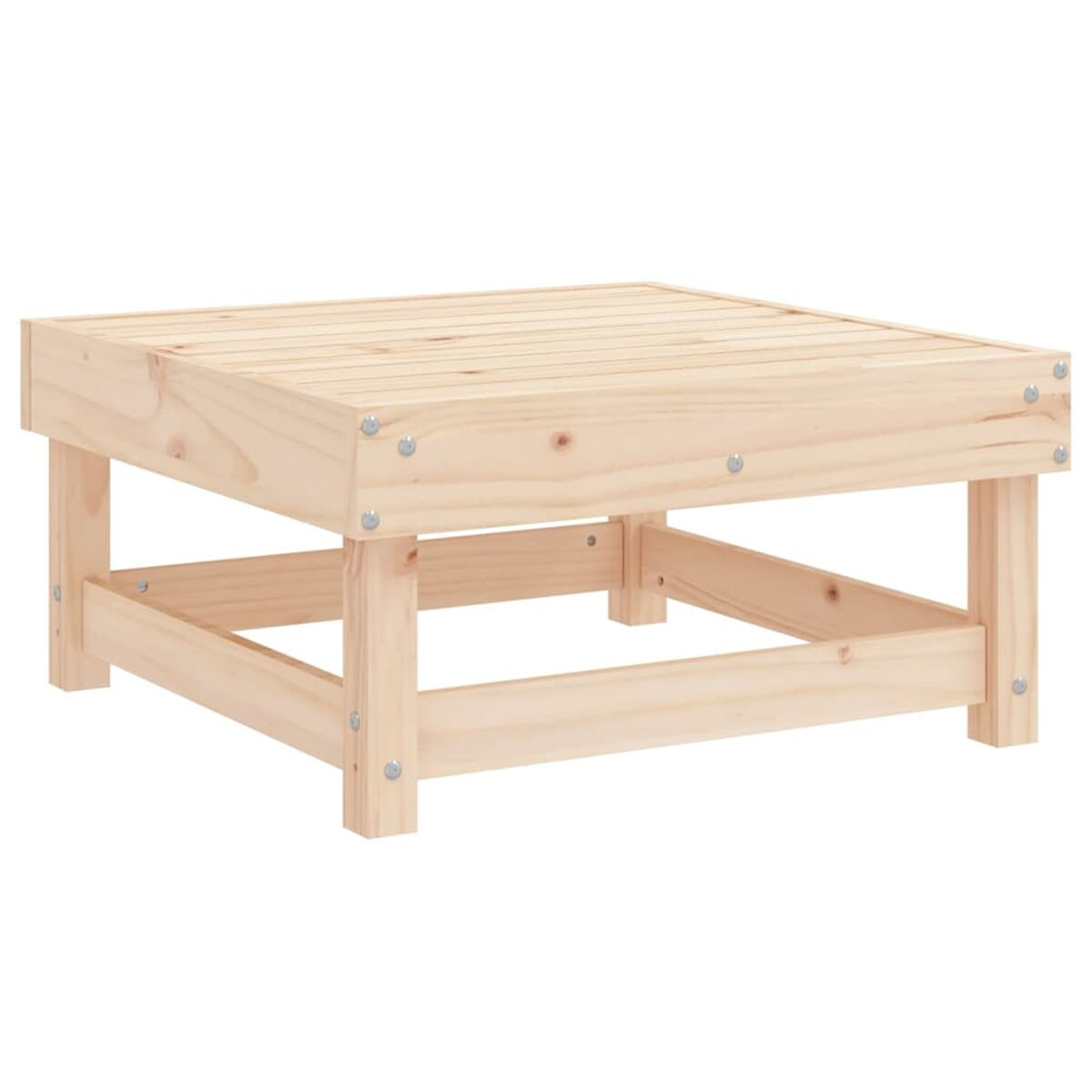 Quadratischer Couchtisch aus Holz. Aus hellfarbigem Holz mit sichtbaren Schrauben.