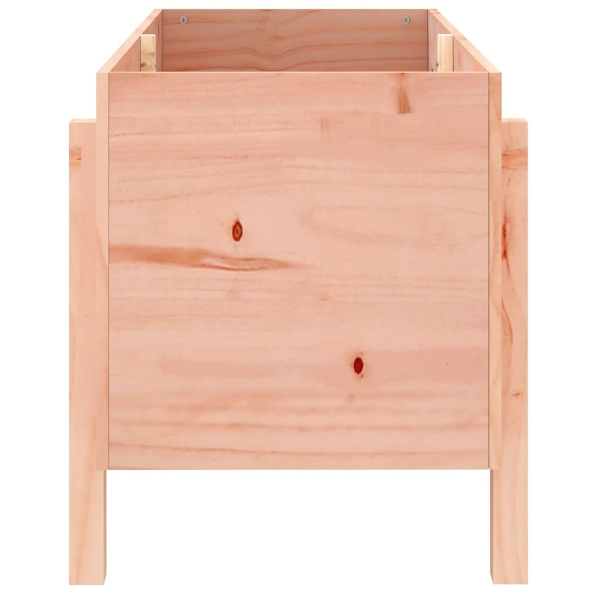 Pflanzkasten aus Holz. Die Box ist leer. Es hat ein einfaches Design mit vier Beinen und hellbrauner Farbe.