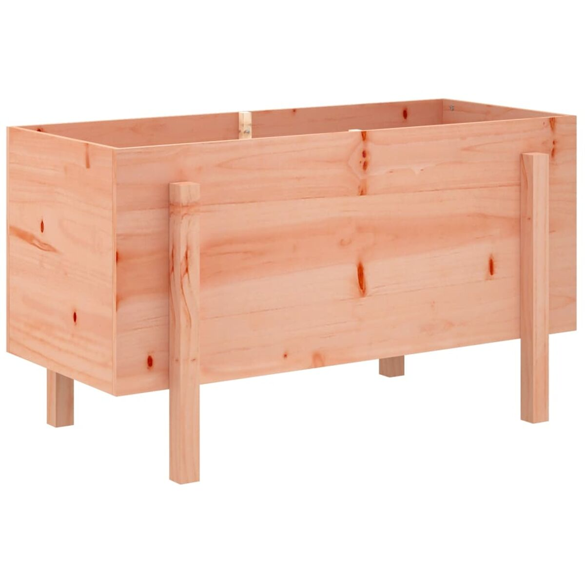 Pflanzkasten aus Holz mit Stützen, hellbraune Farbe.