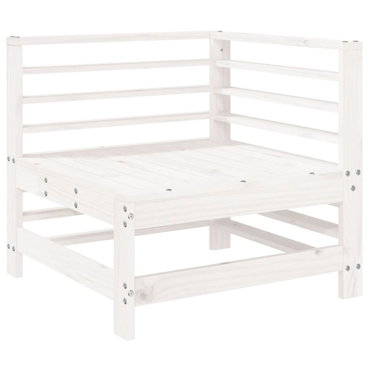 Ein weißes Ecksofa aus Holz. Es hat ein einfaches, offenes Design. Der Hintergrund ist weiß.