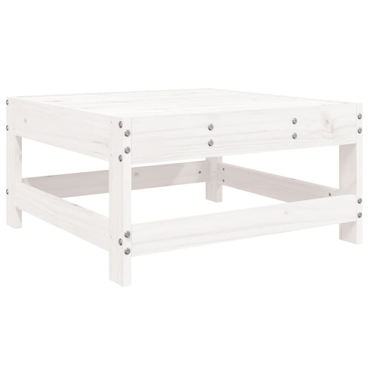 Weißer quadratischer Couchtisch aus Holz. Sichtbar sind Beine, Rahmen und Schrauben. Weißer Hintergrund.