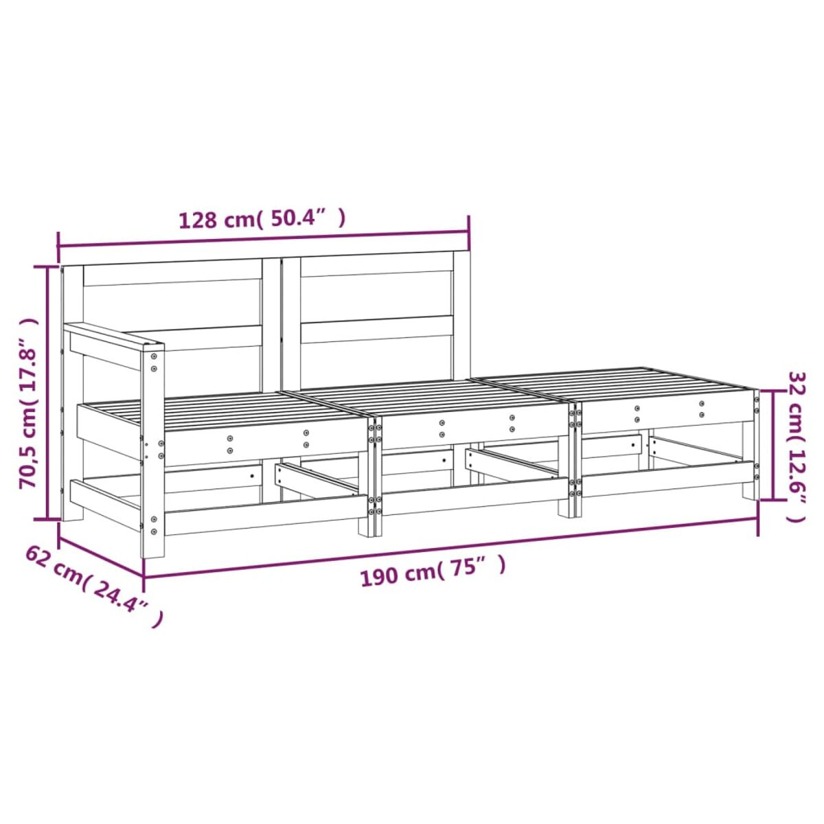Diagramm eines Holzbetts mit Abmessungen in Zentimetern. Es ist leer.