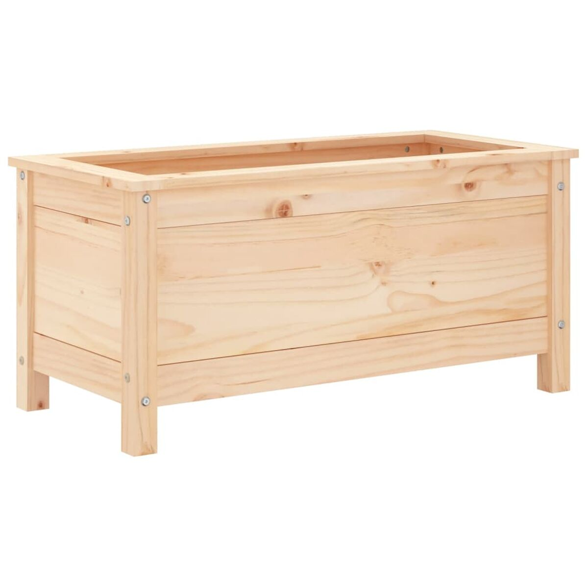 Rechteckiger Pflanzkasten aus Holz. Sichtbare Schrauben. Weißer Hintergrund.
