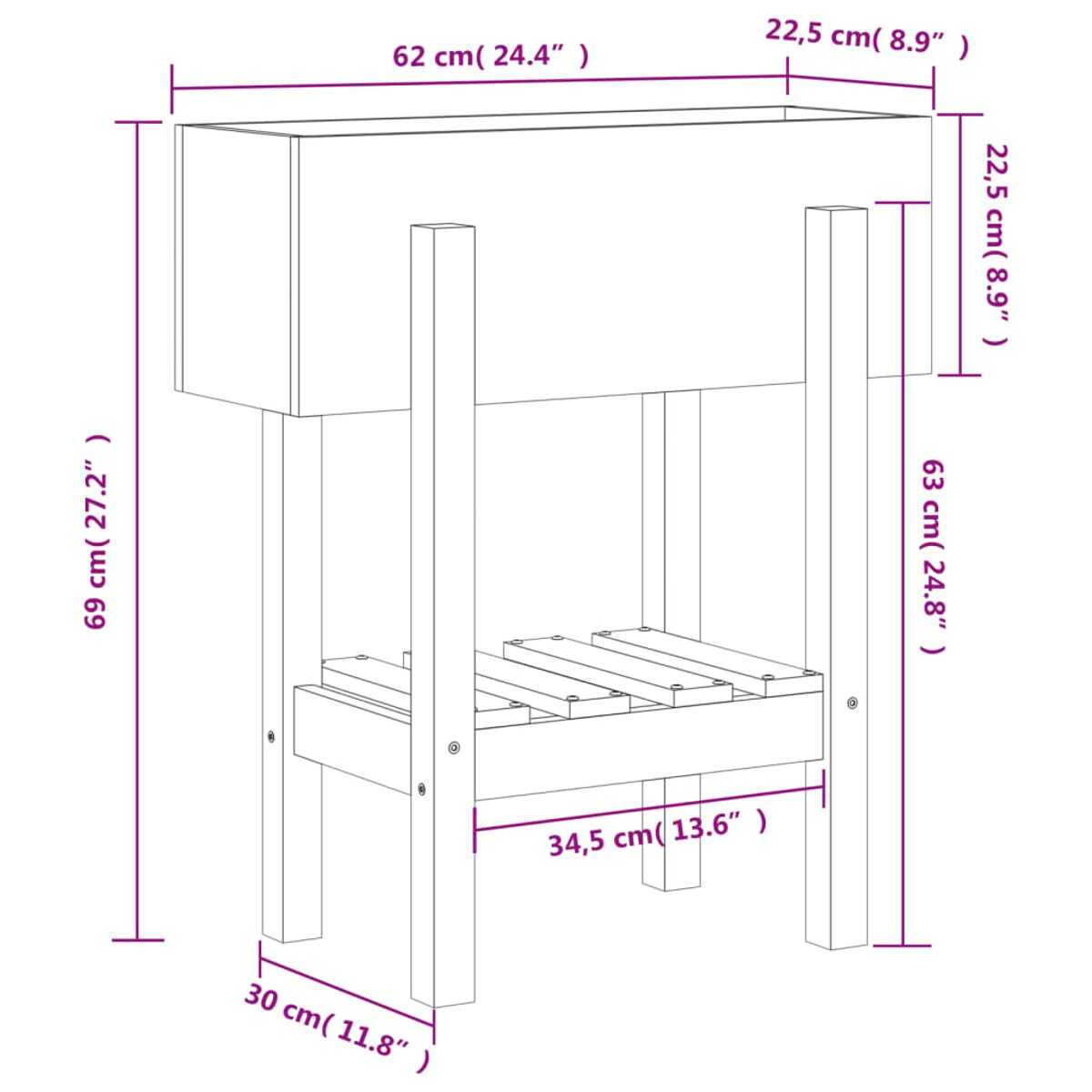 Ein Diagramm eines Pflanzkastens mit Maßen.