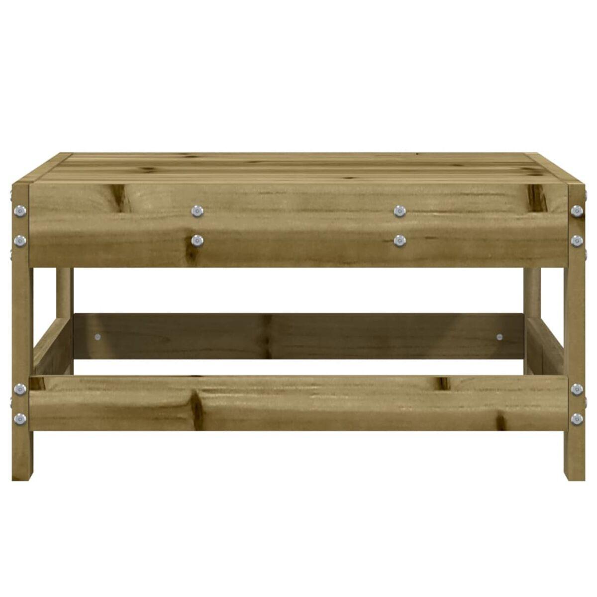 Ein Holztisch mit offenem unterem Regal. Er hat eine hellbraune Farbe.