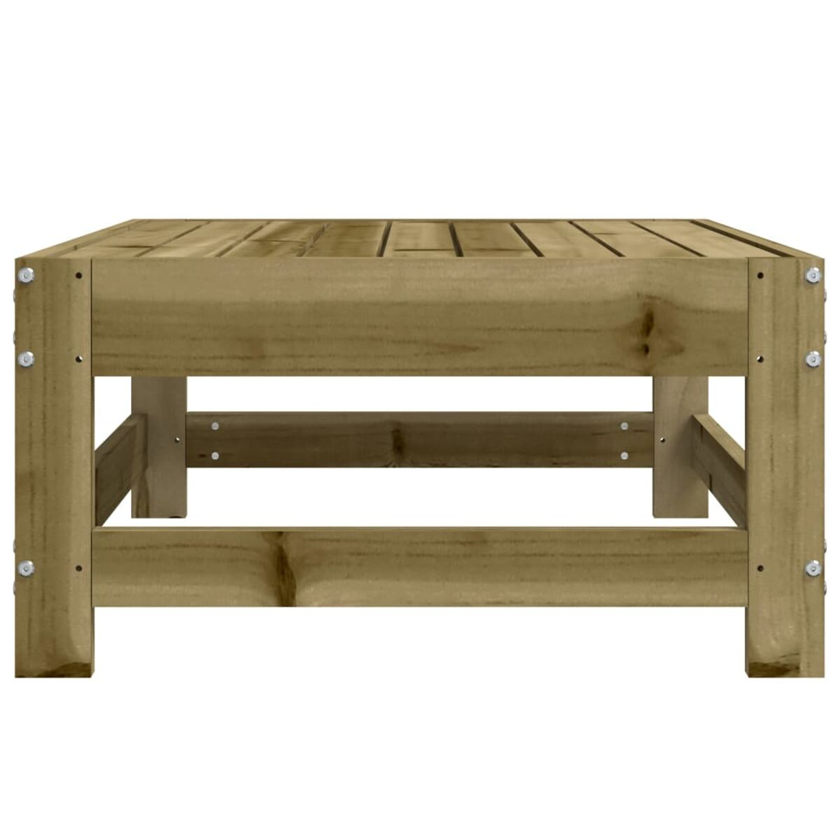 Ein brauner Couchtisch aus Holz mit quadratischer Form und vier Beinen. Die Oberseite besteht aus Holzlatten.