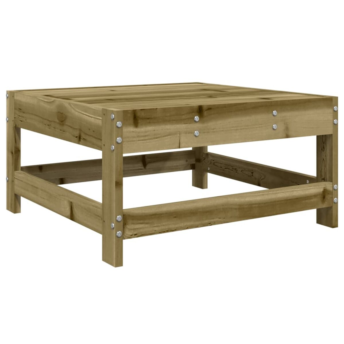 Ein quadratischer Couchtisch aus Holz. Es ist braun und hat ein einfaches, blockartiges Design.