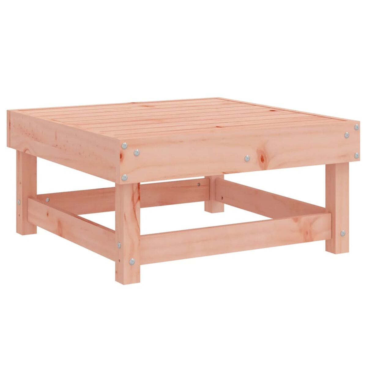 Quadratischer Couchtisch aus Holz, hellbraune Farbe, Lattenrost, mit vier quadratischen Beinen.