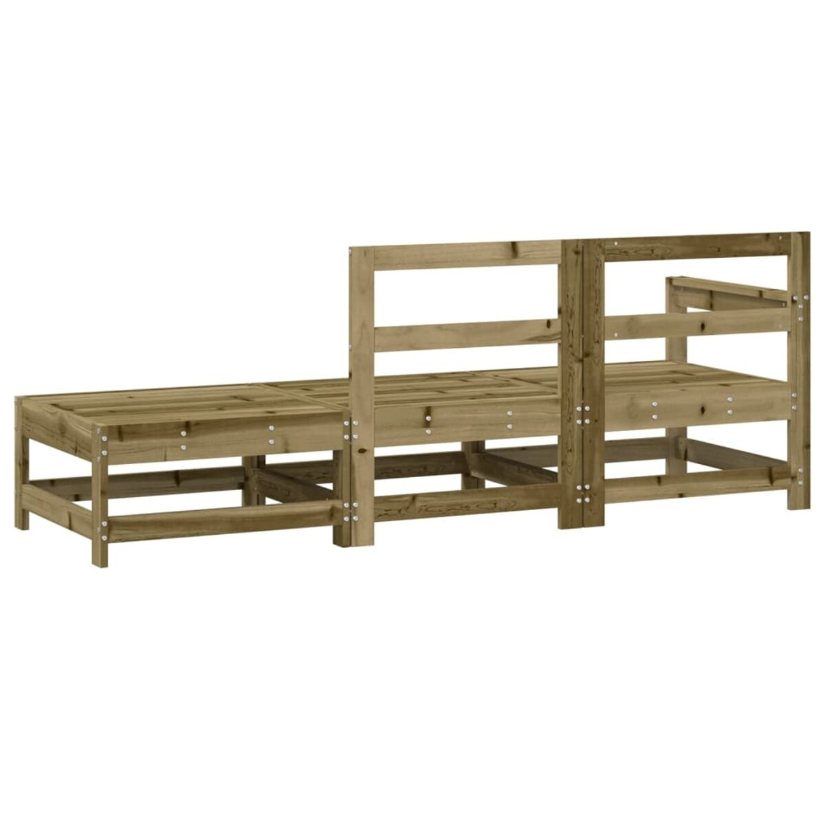 Eine Holzbank mit mehreren Ebenen. Sie hat eine Rückenlehne und ist mit sichtbaren Schrauben konstruiert.