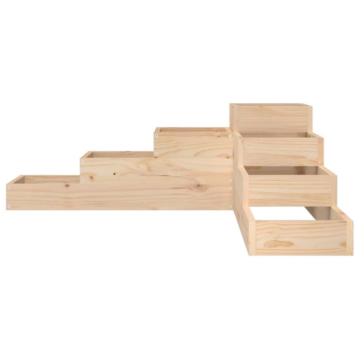 Treppenartige Holzstrukturen mit mehreren Kästen.