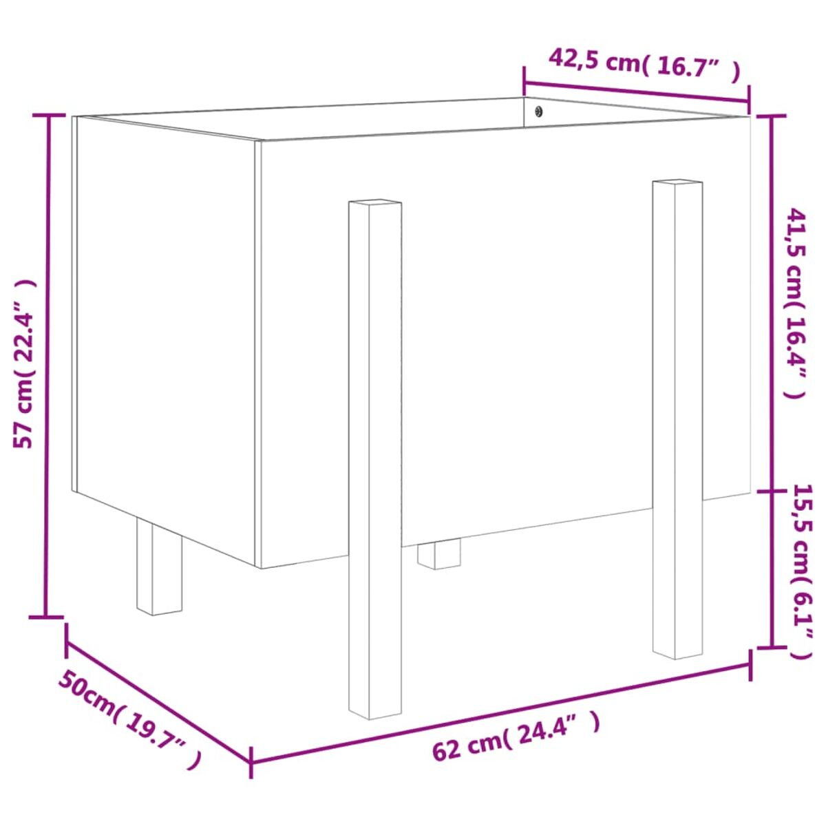 Ein Diagramm mit Abmessungen für einen Pflanzkasten. Es zeigt die Höhen-, Breiten- und Längenmaße.