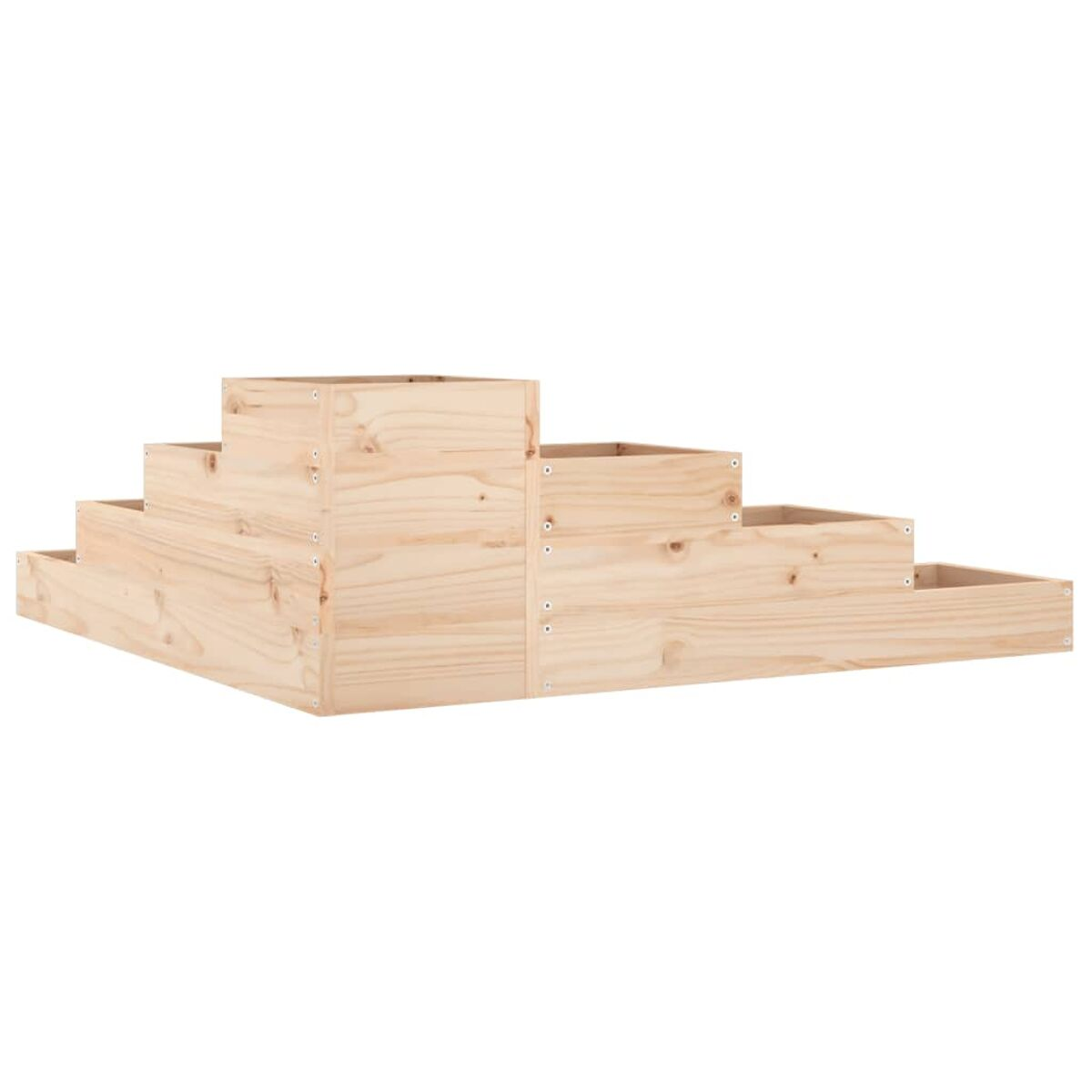 Holz-Pflanzkasten mit Stufen. Hellfarbiges Holz. Fünf Stufen, jede mit flacher Oberfläche.