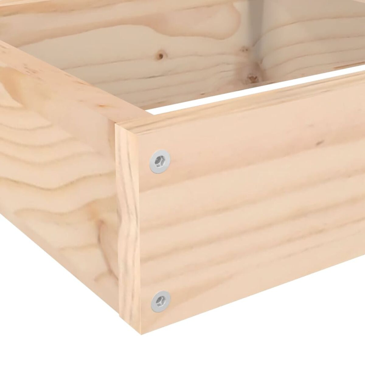 Nahaufnahme einer Holzeckverbindung mit Schrauben.