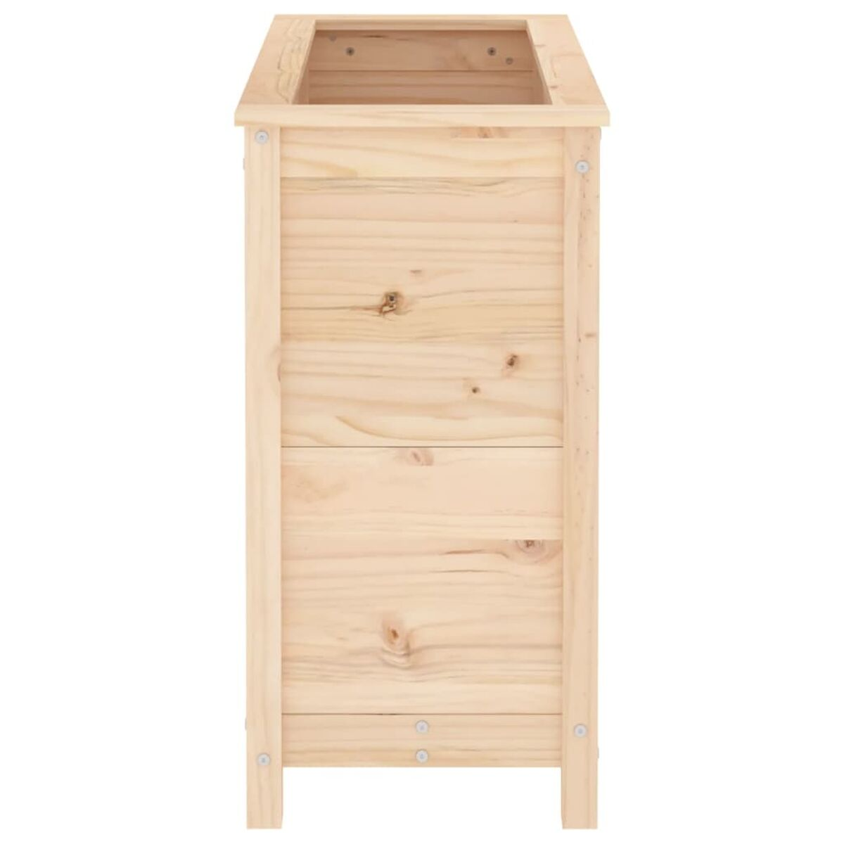 Pflanzkasten aus Holz aus hellen Brettern. Es hat keinen Boden.