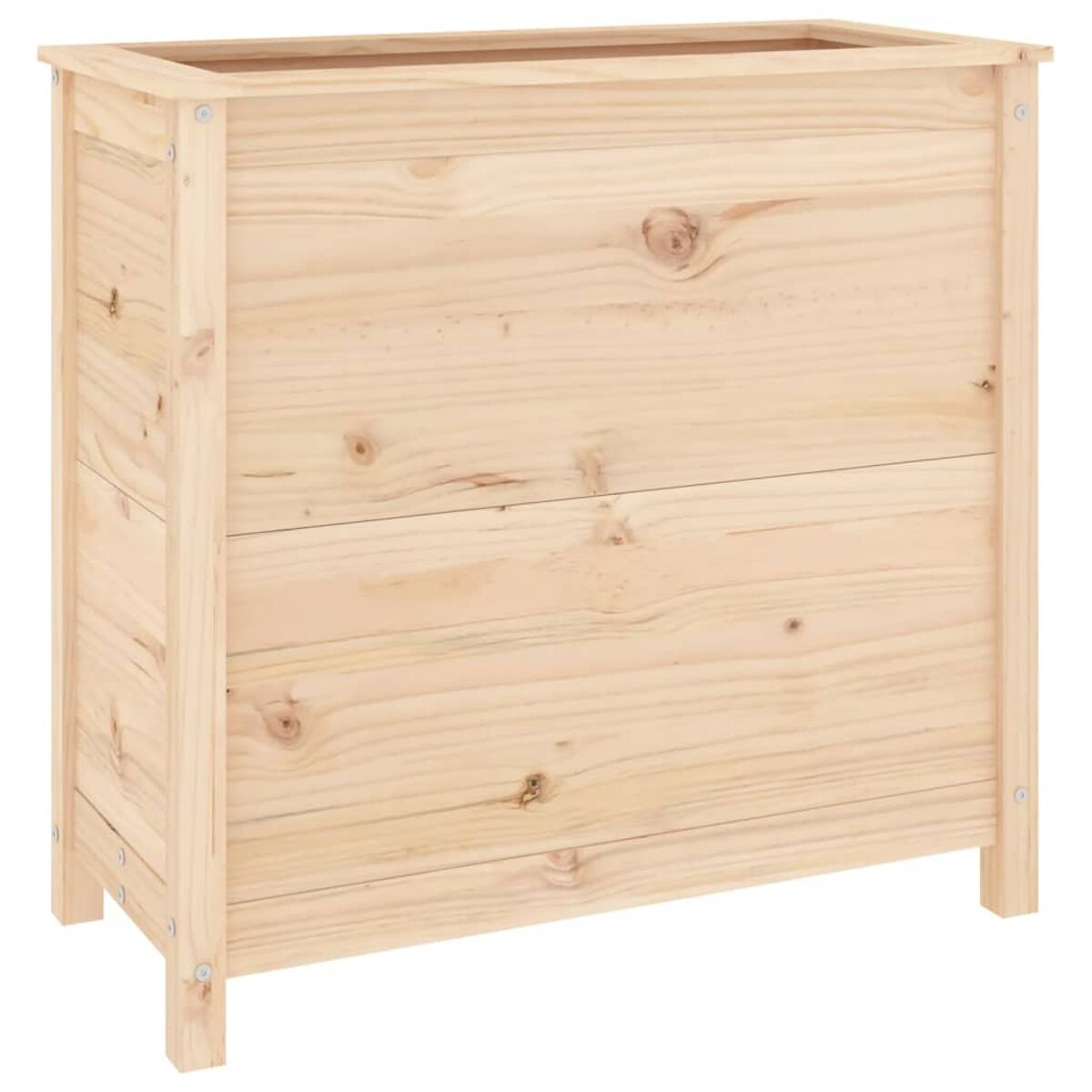 Holzblumenkasten, natürliche Holzfarbe, rechteckig, sichtbare Astlöcher, einfaches Design.