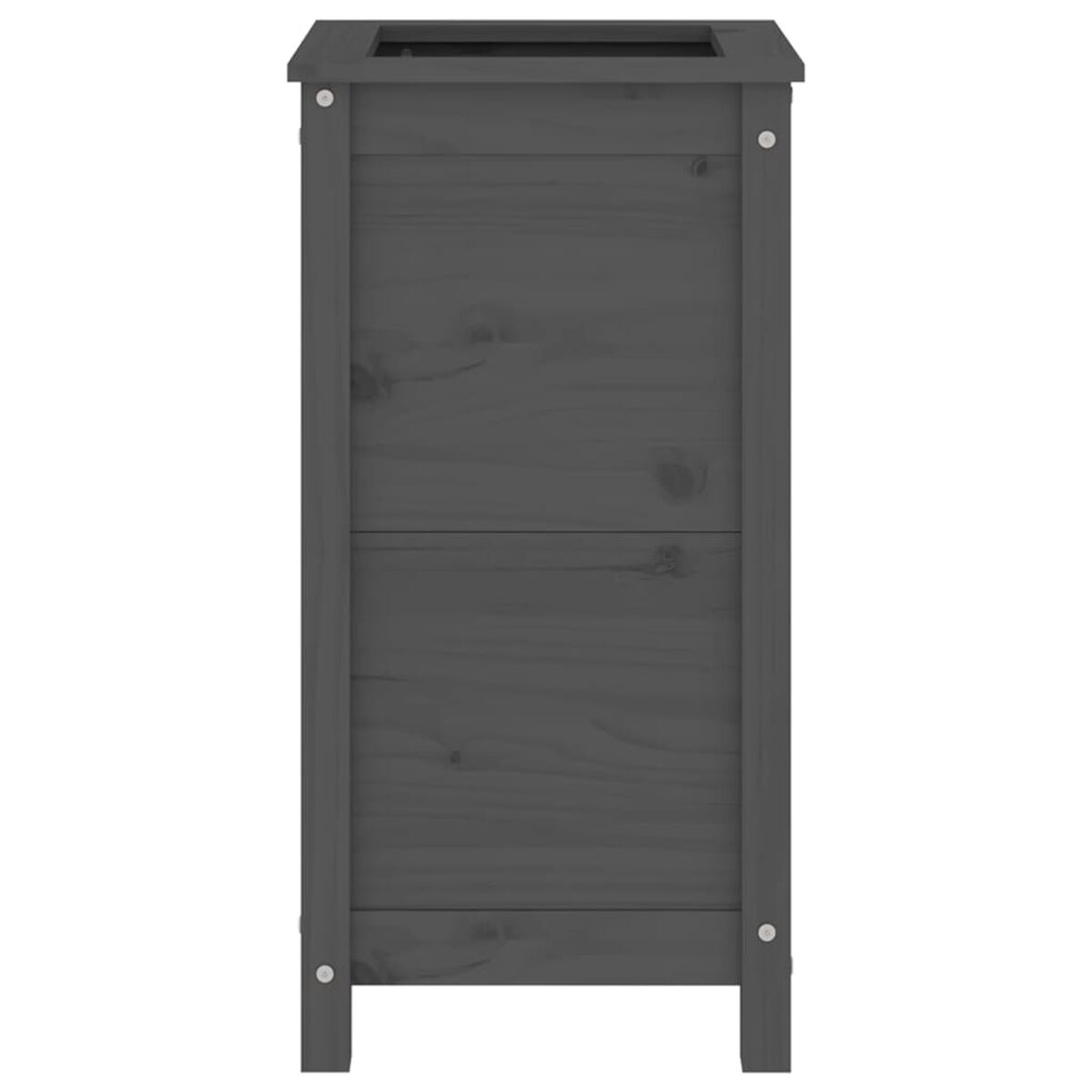 Ein dunkelgrauer Holzschrank. Der Schrank ist rechteckig. Er hat 2 Abschnitte.