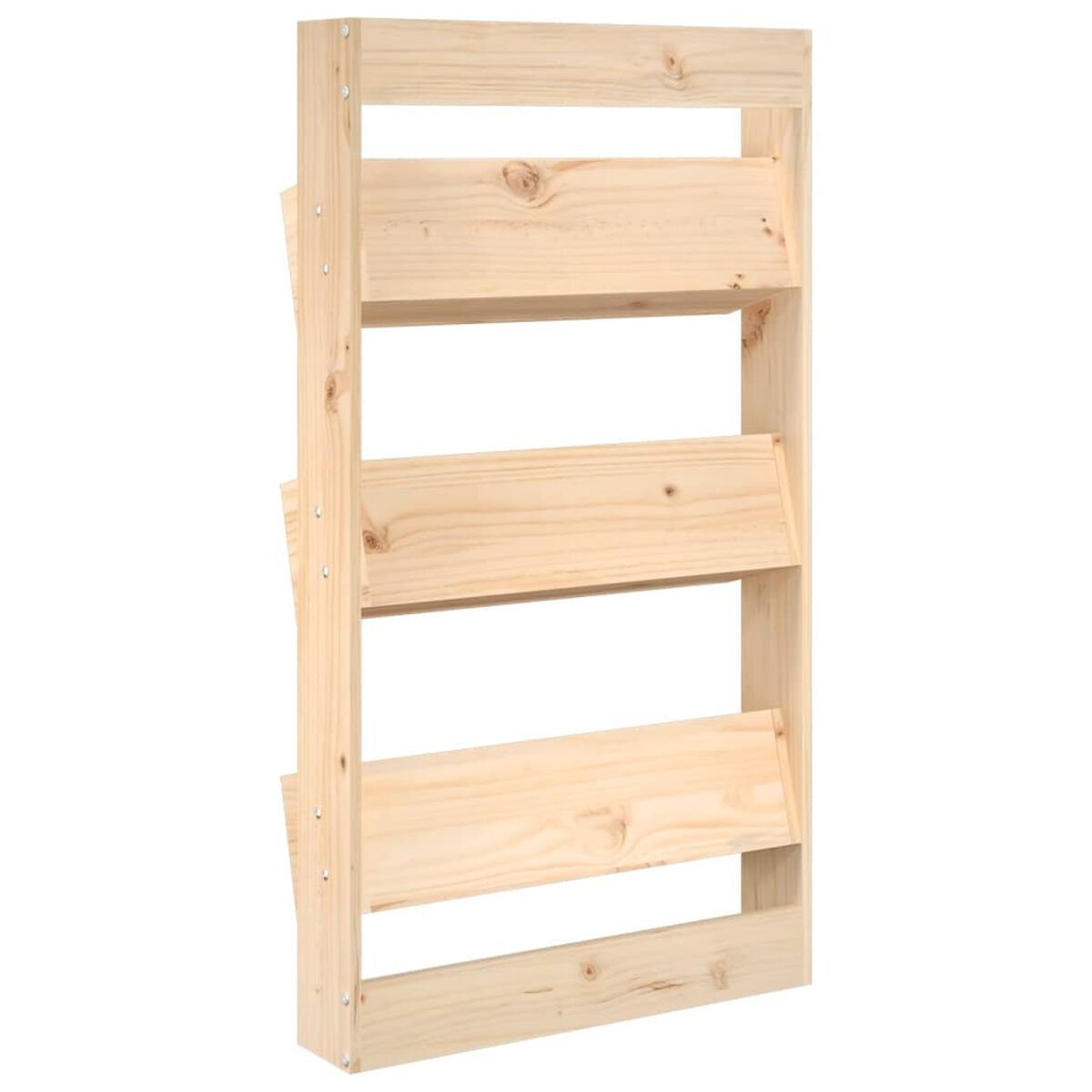 Ein vertikales Holzregal mit drei Regalböden. Das Regal besteht aus hellfarbigem Holz.
