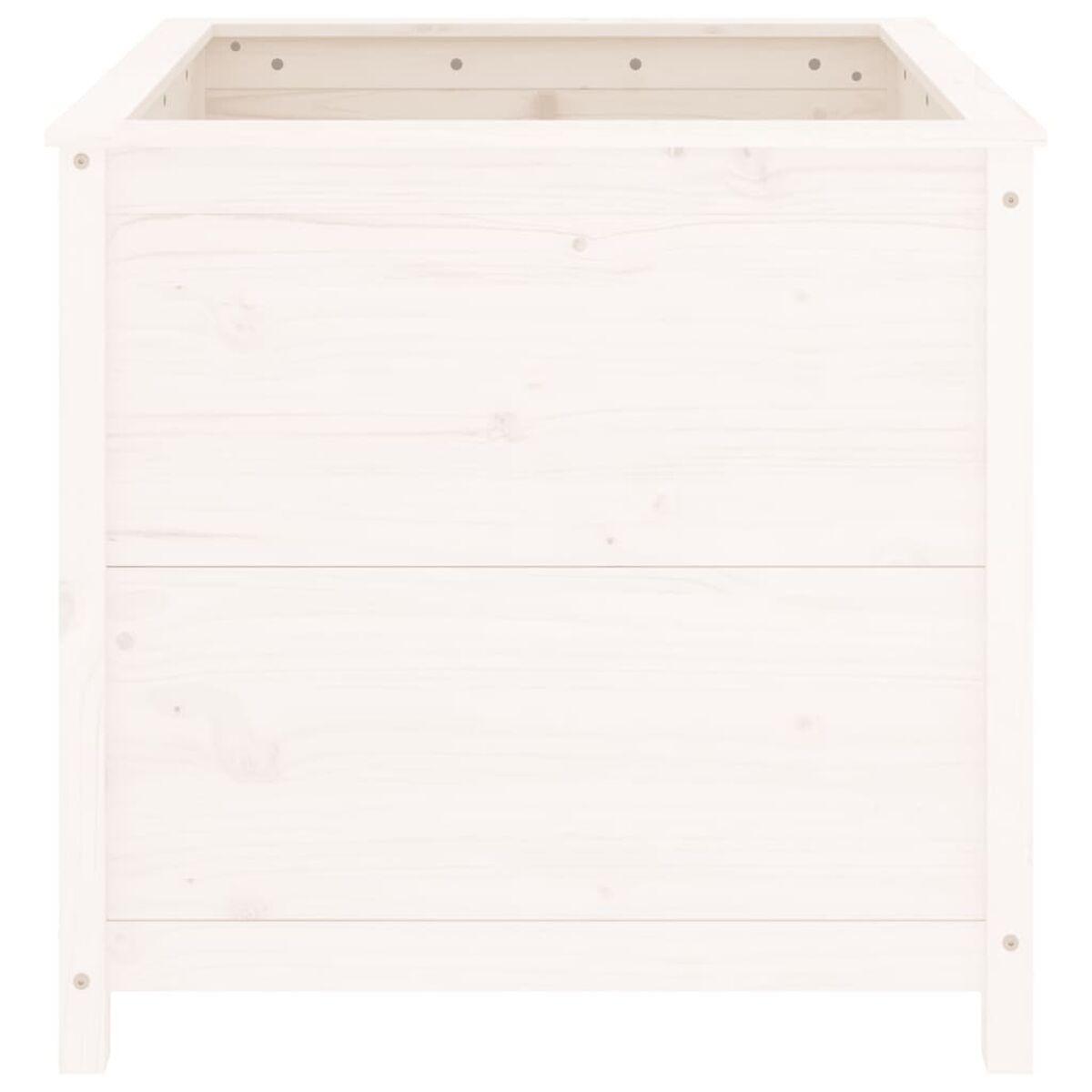 Ein weißer Pflanzkasten aus Holz, mit rechteckiger Form und offener Oberseite.