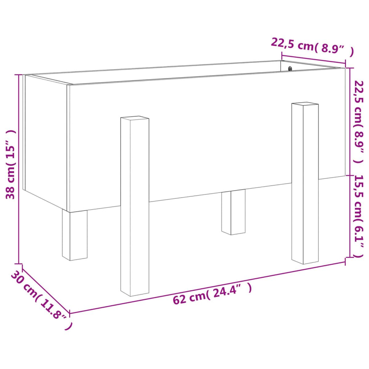 Diagramm eines Holzpflanzgefäßes mit Abmessungen. Rechteckig mit 4 Beinen. Maße in cm und Zoll.