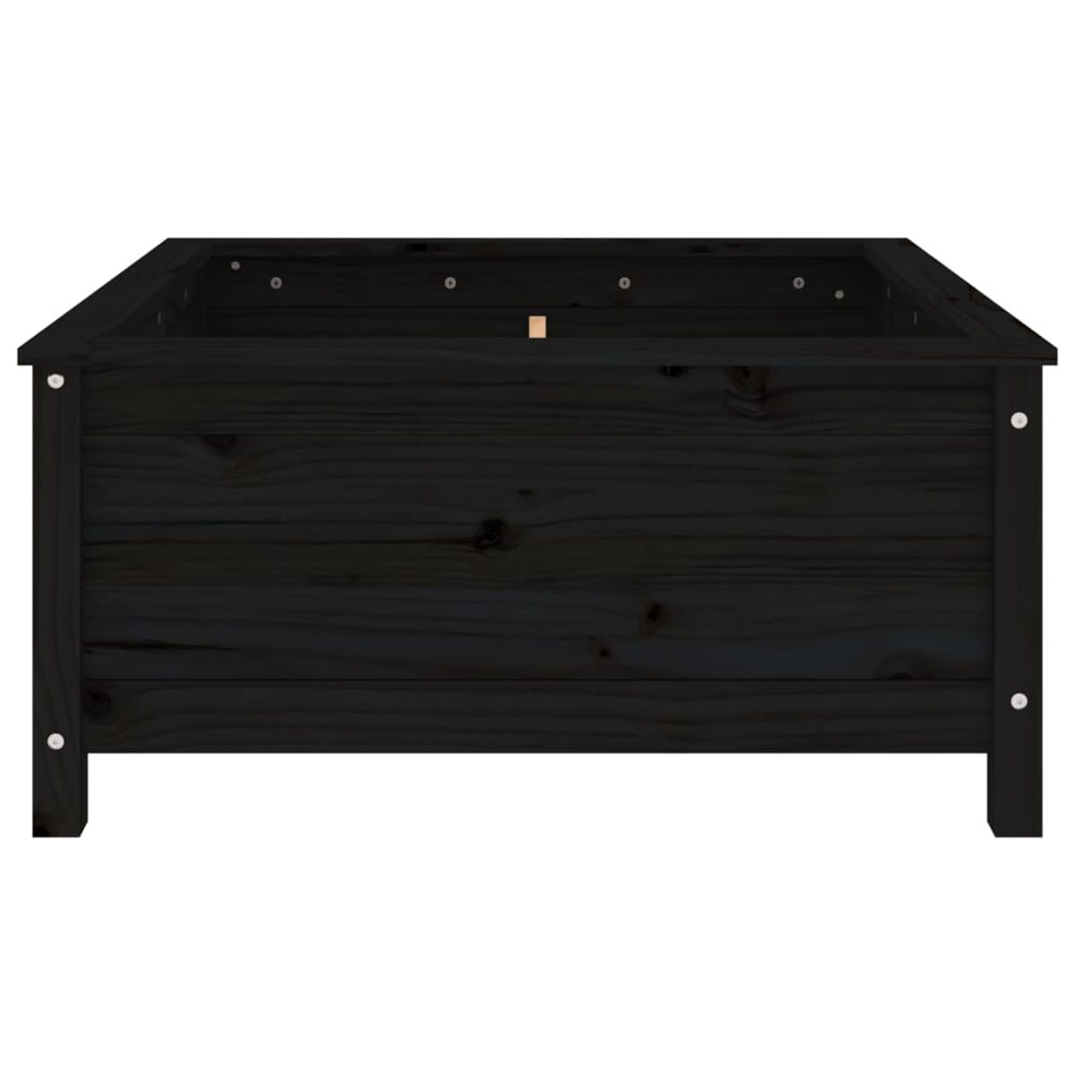 Eine schwarze Holz-Pflanzkasten mit sichtbarer Holzmaserung und Schrauben an den Seiten.