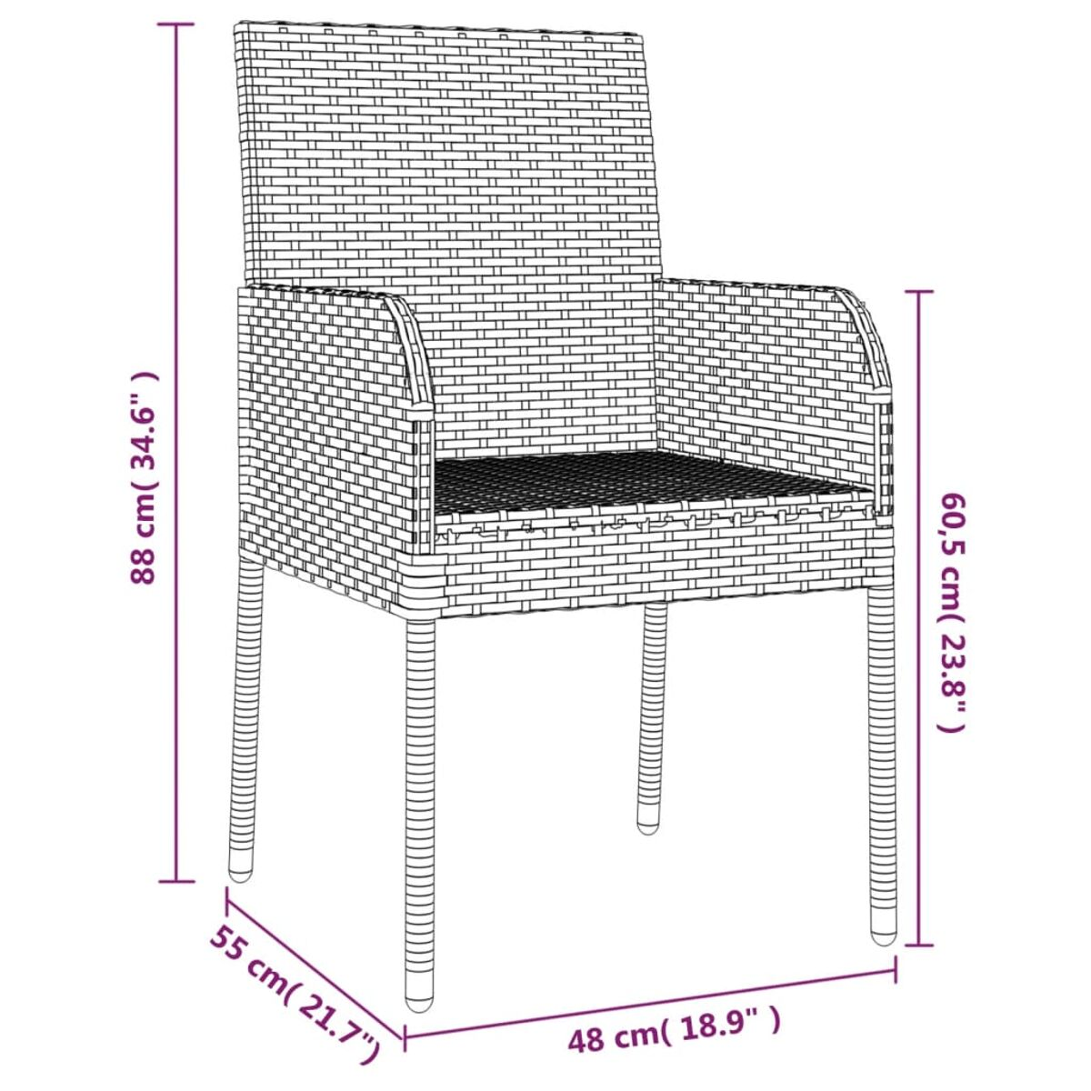 Rattan-Stuhl mit Abmessungen in cm und Zoll. Beiger Stuhl mit Armlehnen und Beinen.