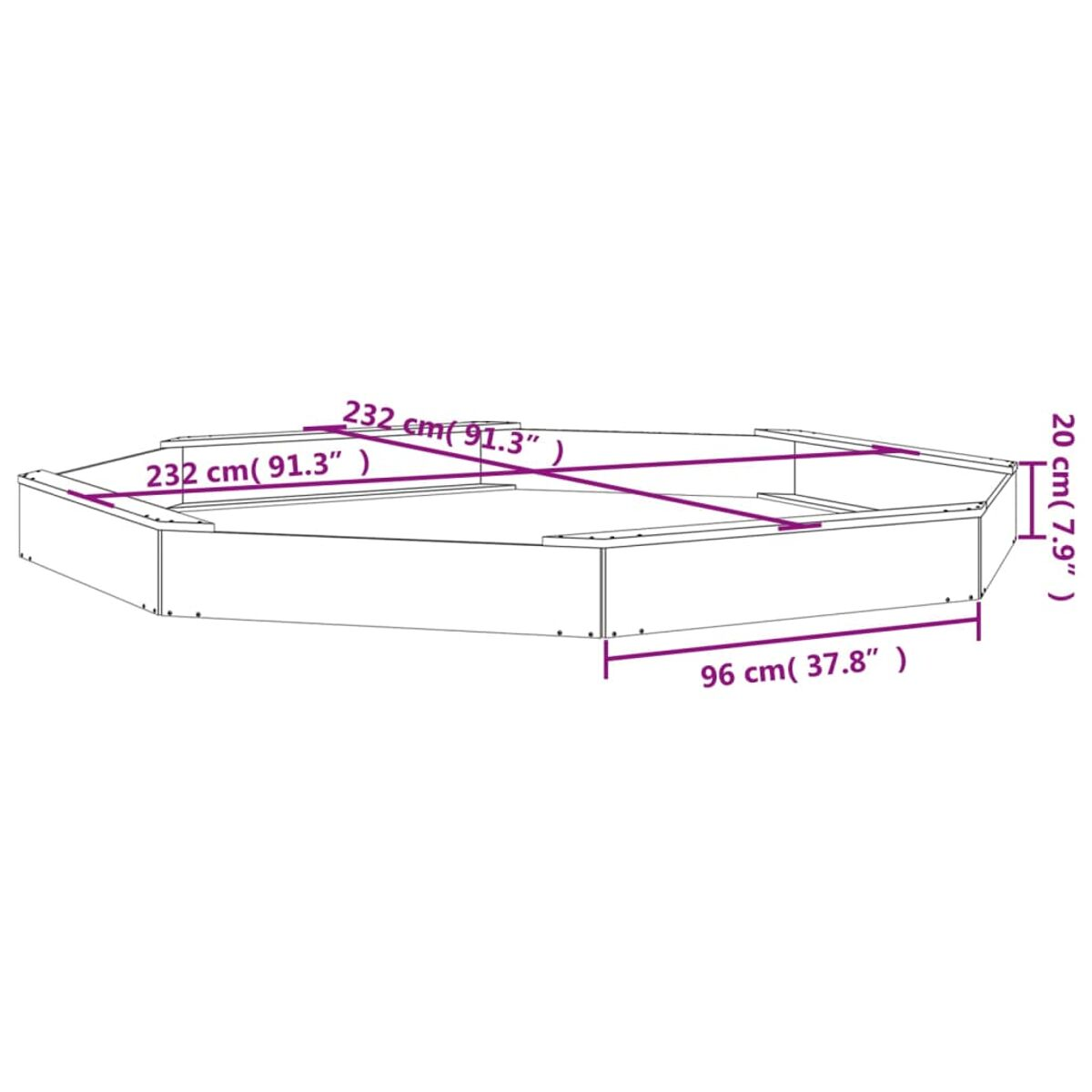 Diagramm einer achteckigen Holzkonstruktion mit Maßen in cm und Zoll.