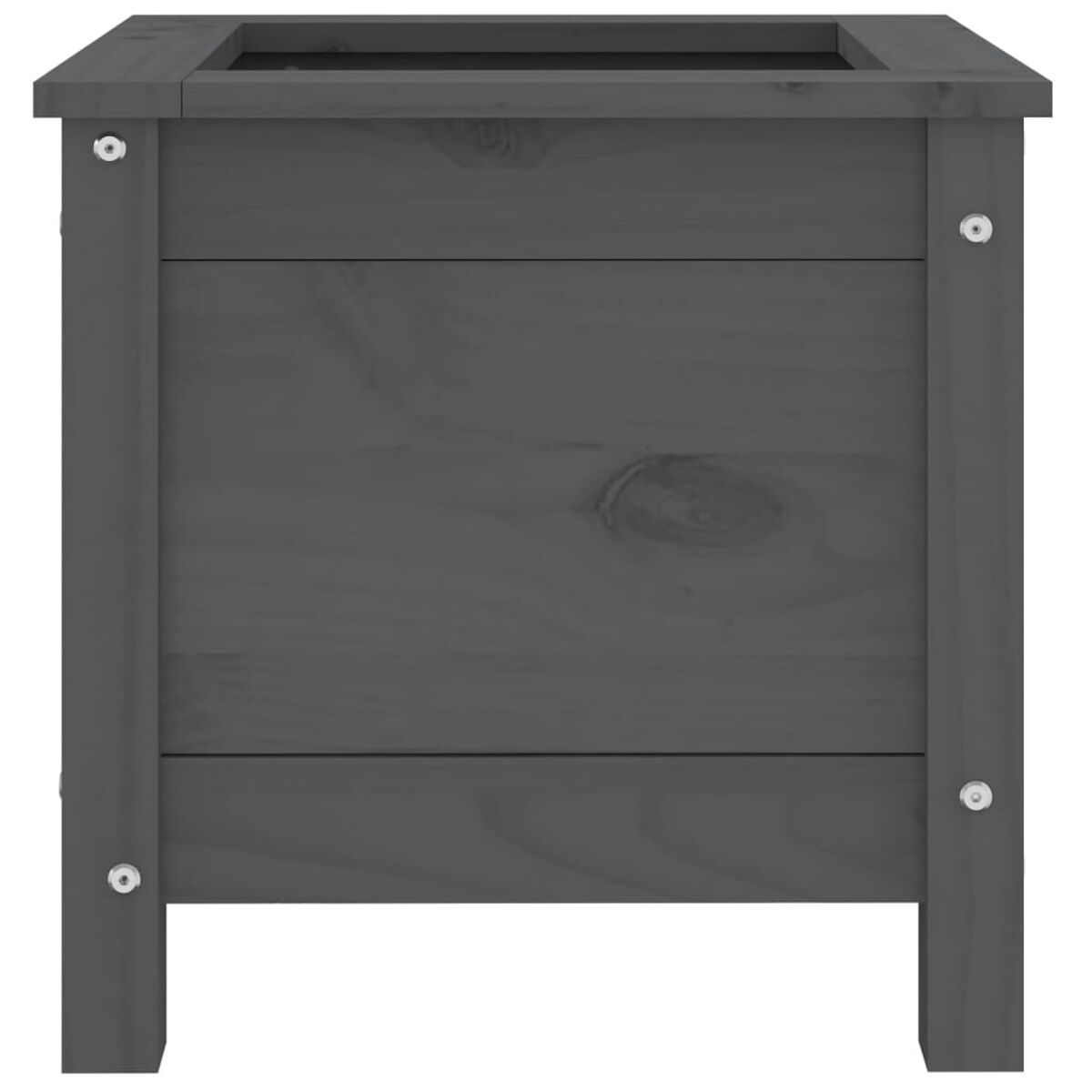 Dunkelgrauer Holzblumenkasten. Quadratische Form, sichtbare Schrauben und ein schlichtes Design.