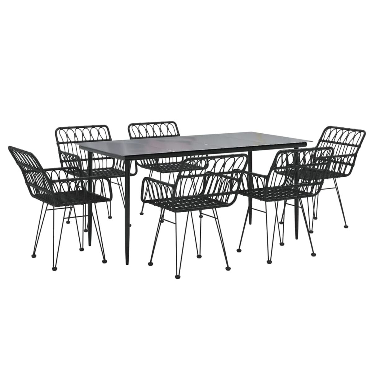 Schwarzes Metall-Ess-Set für den Außenbereich mit Tisch und sechs Stühlen. Gewebte Stuhlrücken, schwarze Oberfläche.