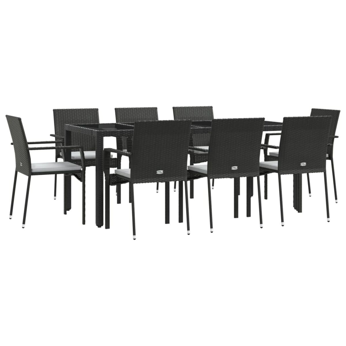 Ein Ess-Set mit einem rechteckigen Tisch und acht schwarzen Stühlen mit grauen Kissen.