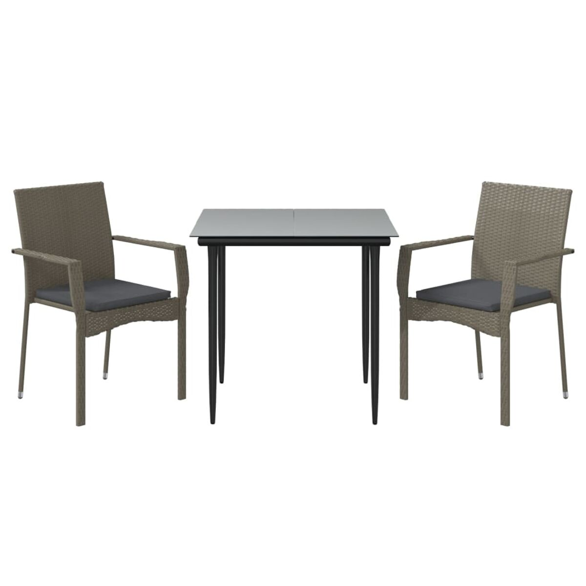 Essgruppe mit zwei Stühlen und einem Tisch mit Glasplatte, alles in Graubraun.