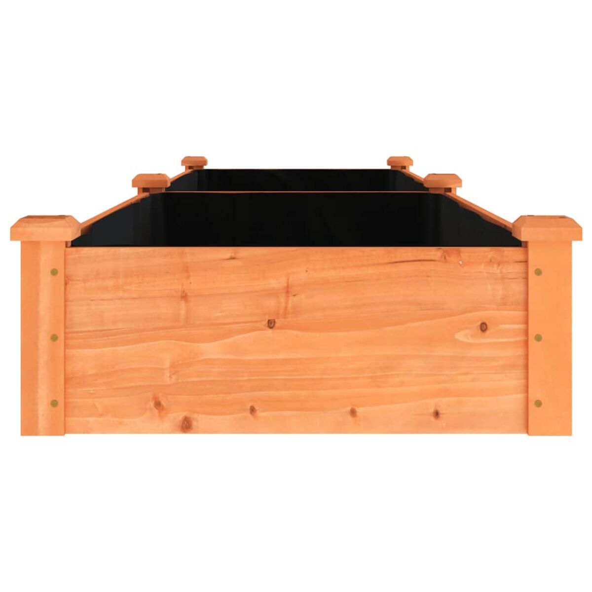 Pflanzkasten aus Holz mit schwarzem Innenraum und dekorativer Oberseite.