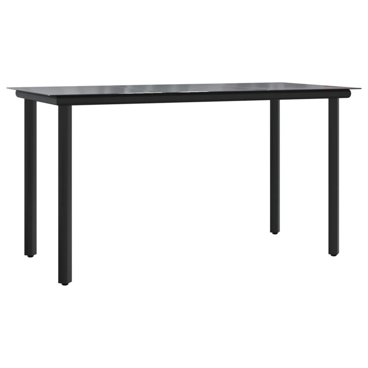 Schwarzer Metalltisch mit vier Beinen. Er hat eine dunkle Oberfläche und ein schlichtes Design.