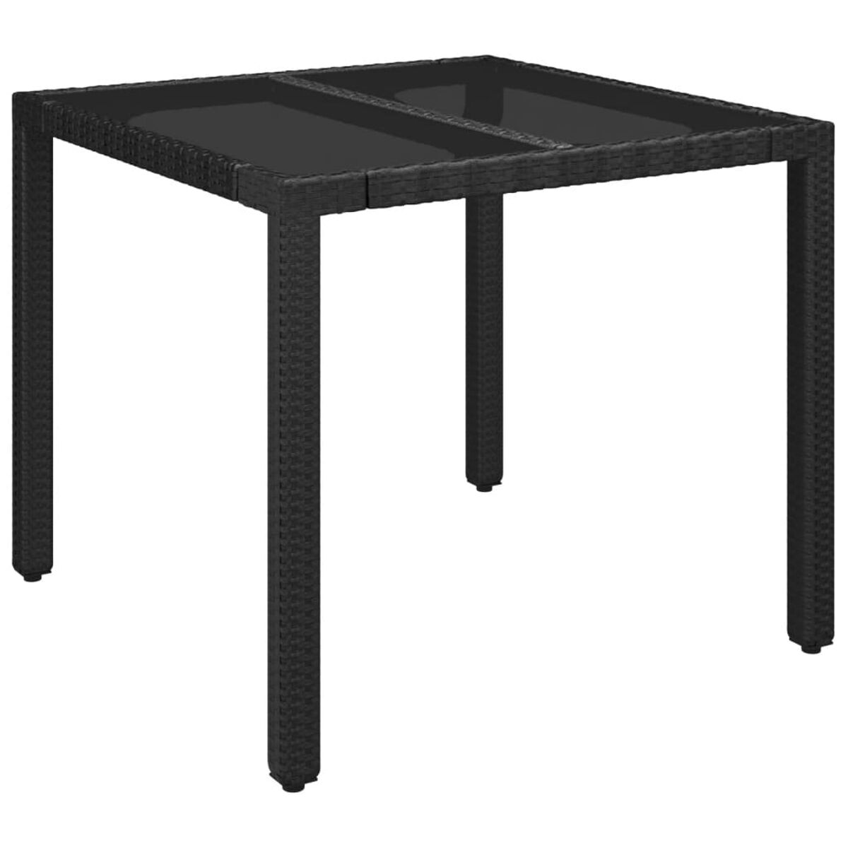 Ein quadratischer, schwarzer Tisch mit gewebtem Muster. Der Tisch hat vier Beine und eine Glasplatte.