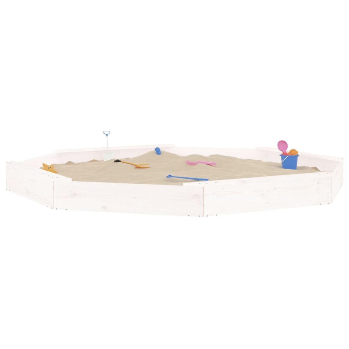 Sabbiere ottagonale con sabbia, giocattoli e cornice in legno bianco.