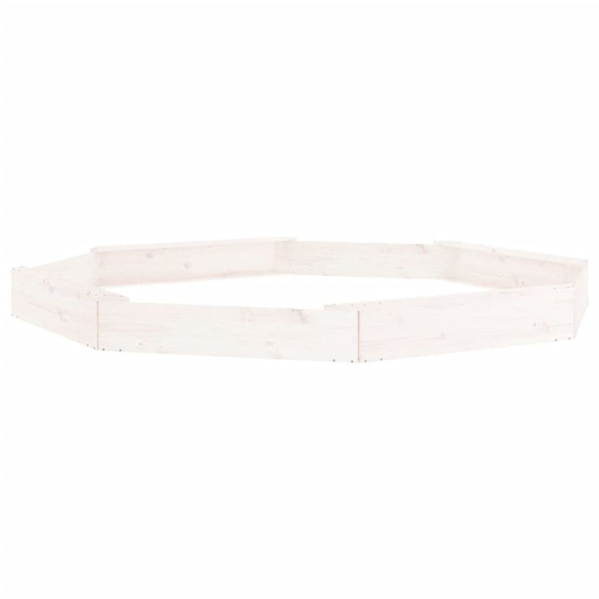 Aiuola rialzata ottagonale in legno bianco. Bulloni visibili. Sfondo bianco.