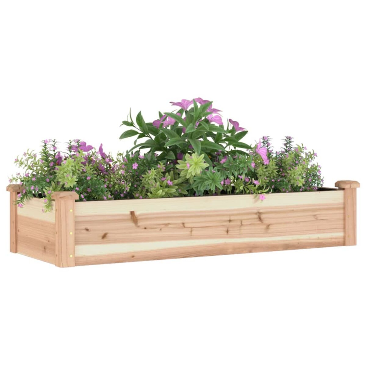 Holzpflanzkasten mit Blumen. Hellbraunes Holz, rechteckige Form, mit Pflanzen gefüllt. Weißer Hintergrund.