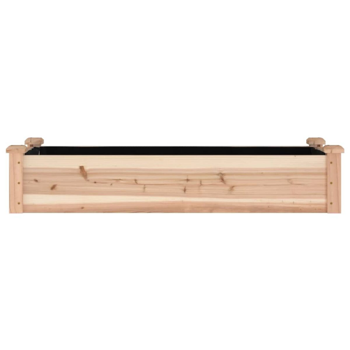 Pflanzkasten aus Holz, rechteckige Form, Naturholzfarbe, schwarze Innenauskleidung.