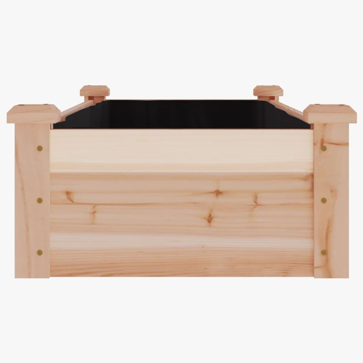 Rechteckiger Holzblumenkasten, helles Naturholz mit schwarzem Innenraum und seitlichen Akzenten.