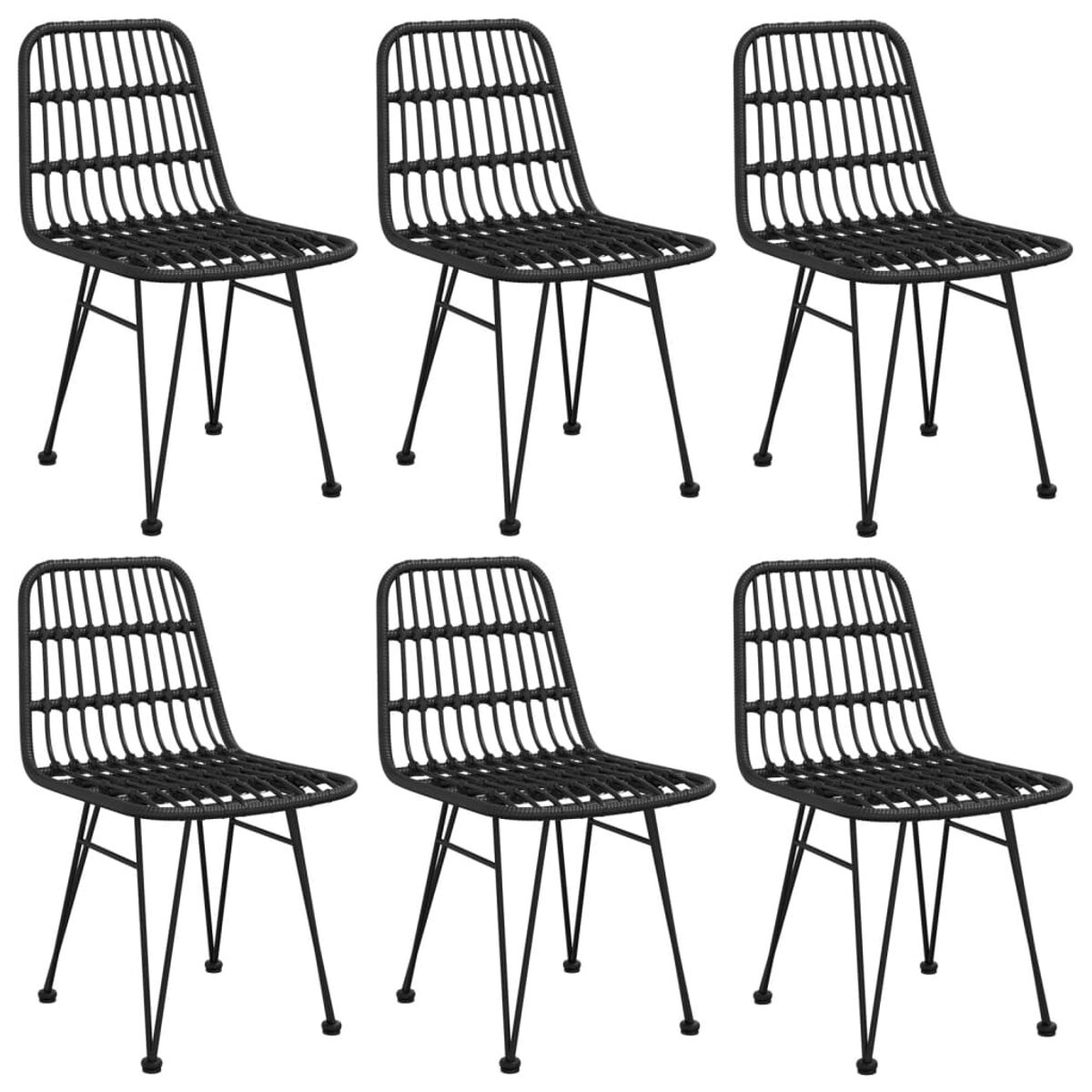 Sechs schwarze Stühle mit gewebten Sitzen und Rückenlehnen und dünnen Metallbeinen.