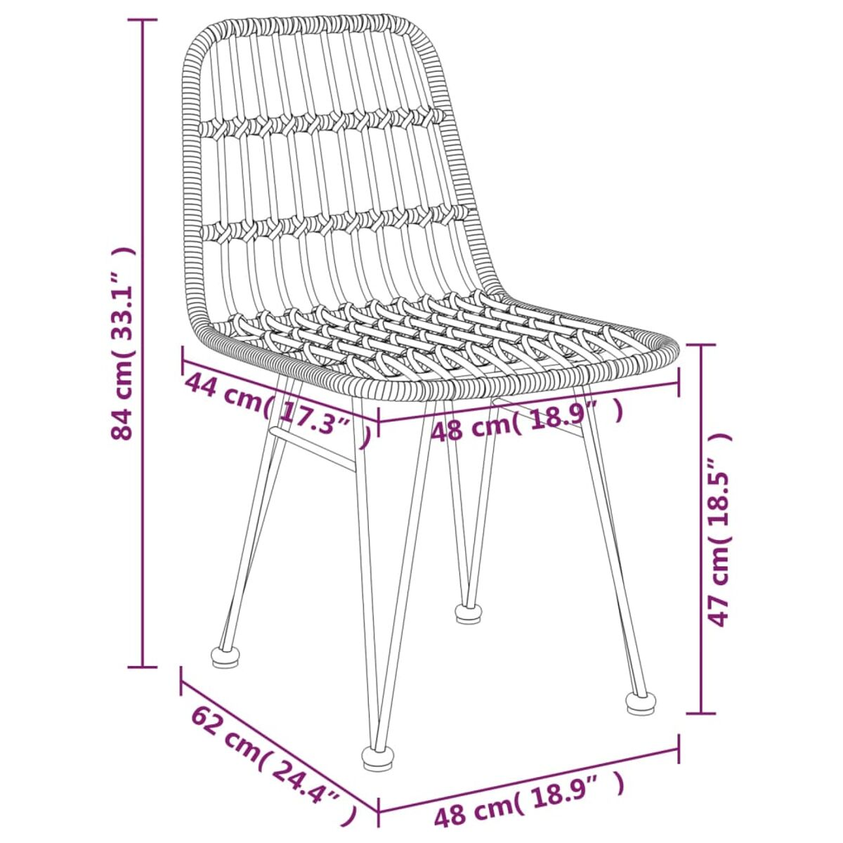 Strichzeichnung eines Stuhls mit Abmessungen. Stuhl hat einen gewebten Sitz und Metallbeine.