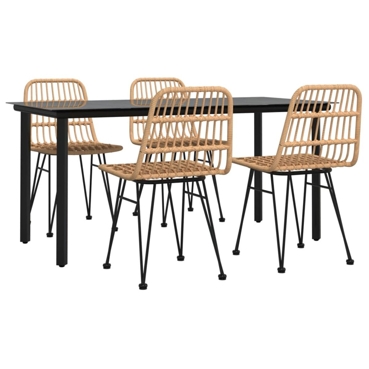 Essgruppe im Freien mit vier Rattanstühlen und einem schwarzen Tisch. Schwarze Beine.