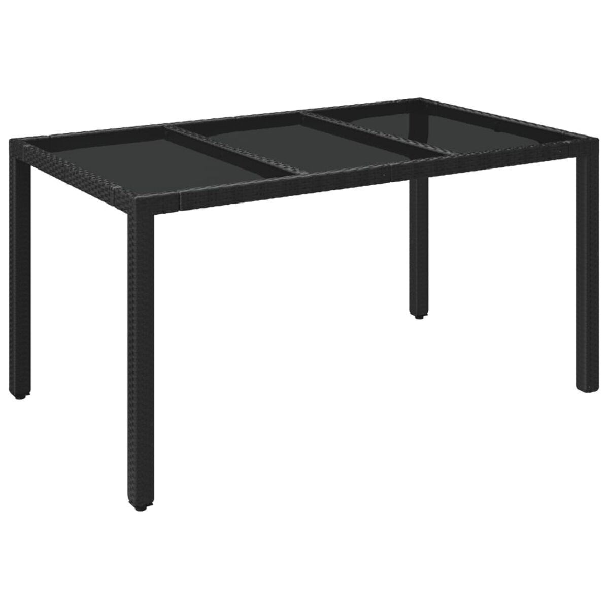 Rechteckiger schwarzer Outdoor-Tisch mit drei Glasabschnitten, auf weißem Hintergrund.